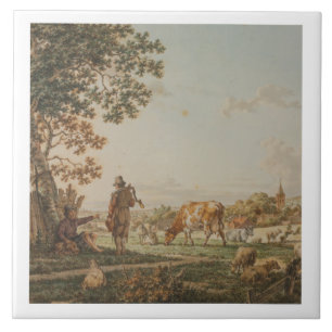 Farm Animals with two shepherds Vintage Painting Ceramic Tile