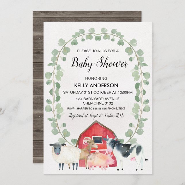 Farm Animals Wreath Baby Shower Invitation (Front/Back)