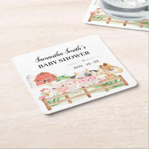 Farm Baby Animals Baby Shower Square Paper Coaster