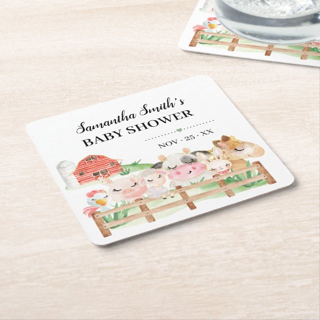 Farm Baby Animals Baby Shower Square Paper Coaster (Angled)