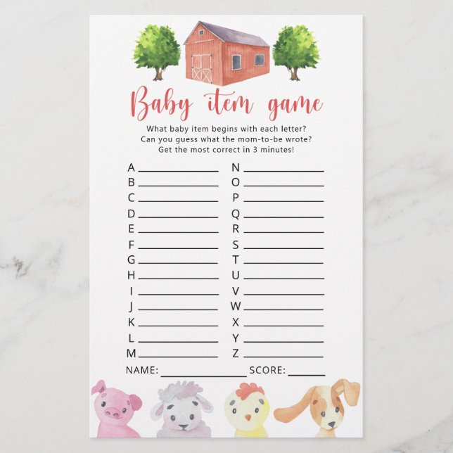 Farm - Baby Item Game. Baby Shower Game (Front)