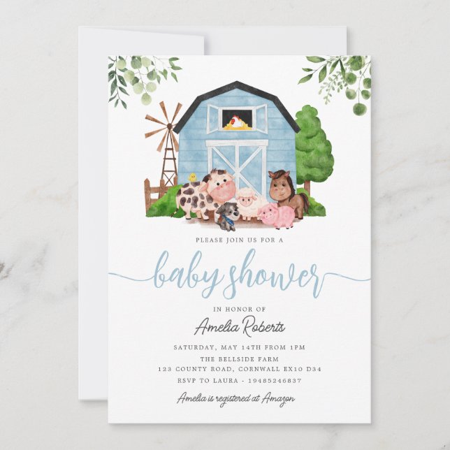 Farm Baby Shower invitation, Blue Barn Invite (Front)