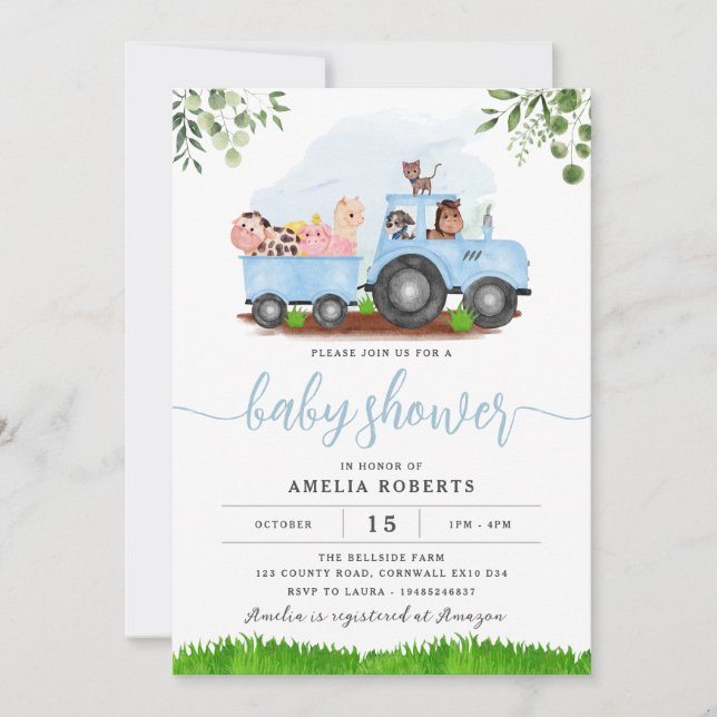 Farm Baby Shower invitation, Blue Tractor Invite (Front)