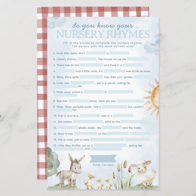 Farm Baby Shower Nursery Rhyme Game (Front/Back)