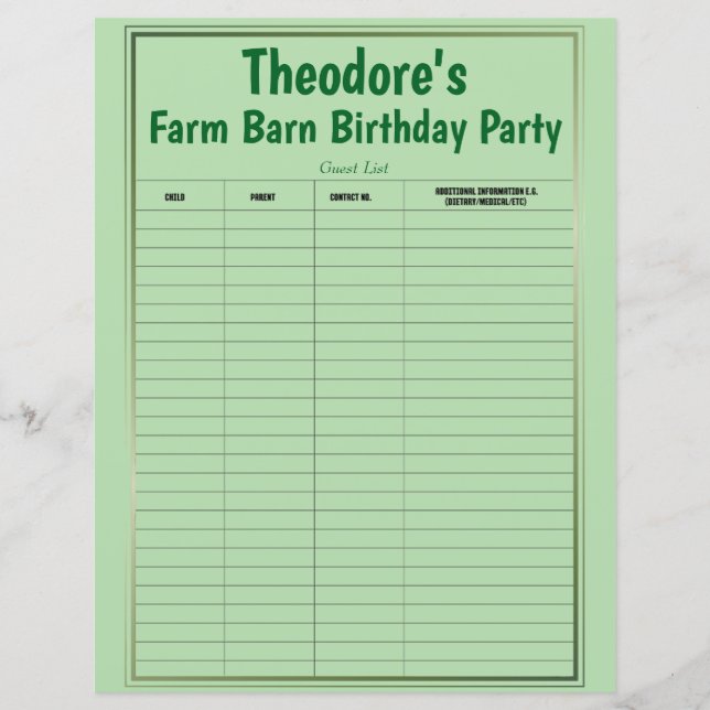 Farm Barn Birthday Party Guest List (Front)