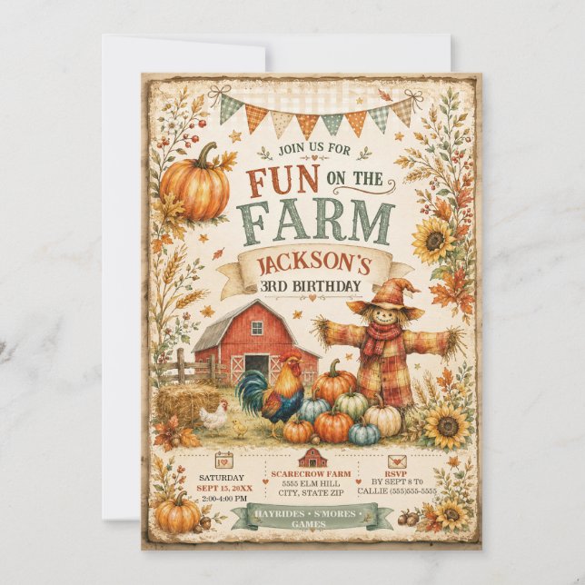 Farm Barn Scarecrow Fall Autumn Little Boy's 3rd  Invitation (Front)