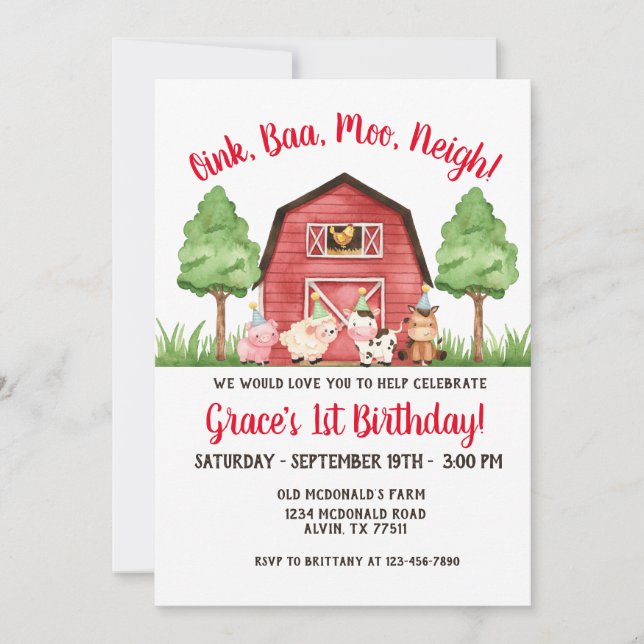 Farm Barnyard 1st Birthday Invitation (Front)