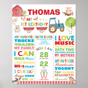 Farm Barnyard 1st Birthday Milestone Birth Stats Poster