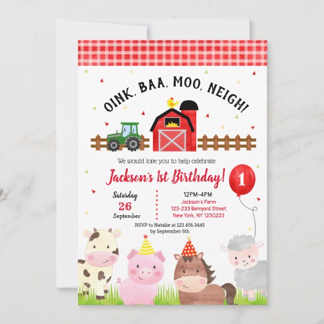 Farm Barnyard 1st Birthday Party Invitations Boy (Front)