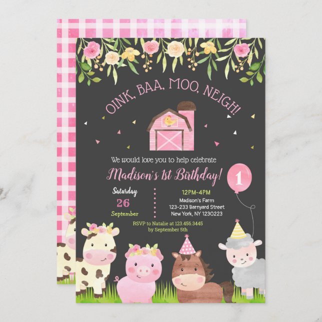 Farm Barnyard 1st Birthday Party Invitations Girl (Front/Back)