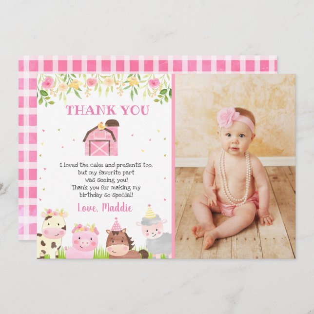 Farm Barnyard Animals Birthday Thank You Cards (Front/Back)
