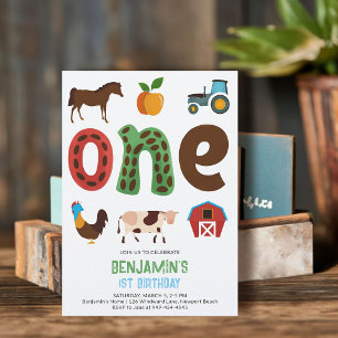 Farm Barnyard Animals Fruits Cute 1st Birthday Invitation