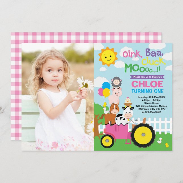 Farm Barnyard Animals Old MacDonald Girl Birthday Invitation (Front/Back)