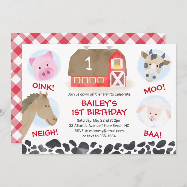 Farm Barnyard Animals Red Gingham Boy Birthday Invitation (Front/Back)