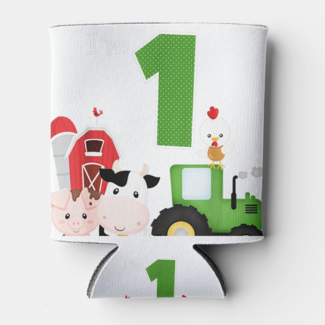 Farm Barnyard Animals Tractor 1st Birthday 1 Year Can Cooler (Front)