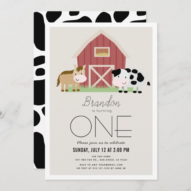 Farm Barnyard Beige 1st Birthday Invitation (Front/Back)