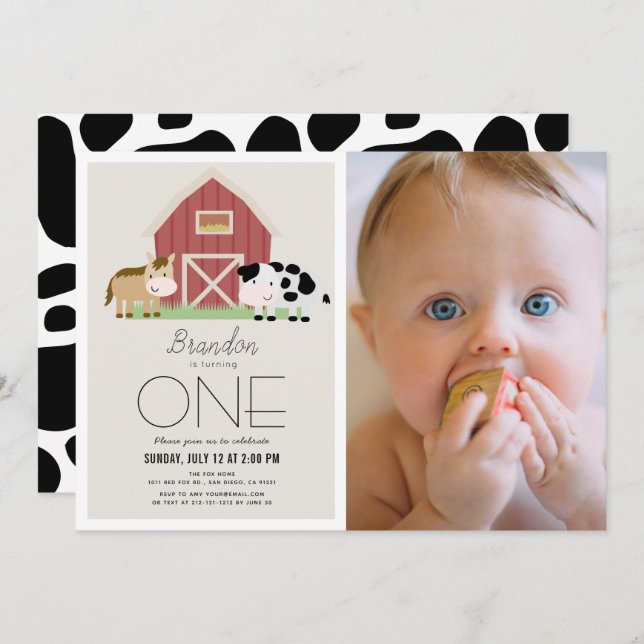 Farm Barnyard Beige Photo 1st Birthday Invitation (Front/Back)