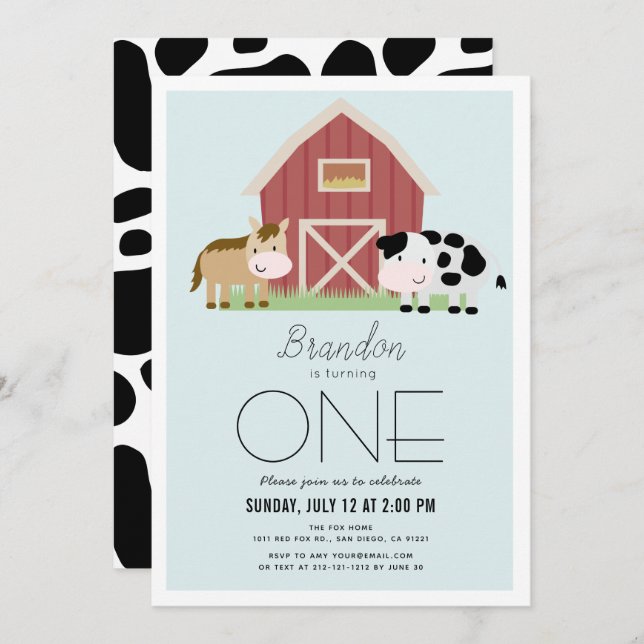 Farm Barnyard Blue Boy 1st Birthday Invitation (Front/Back)