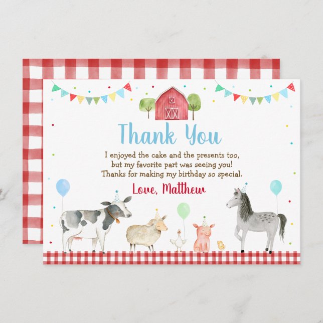 Farm Barnyard Farm Animal Birthday Thank You Card (Front/Back)