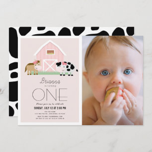 Farm Barnyard Pink Girl Photo 1st Birthday Invitation