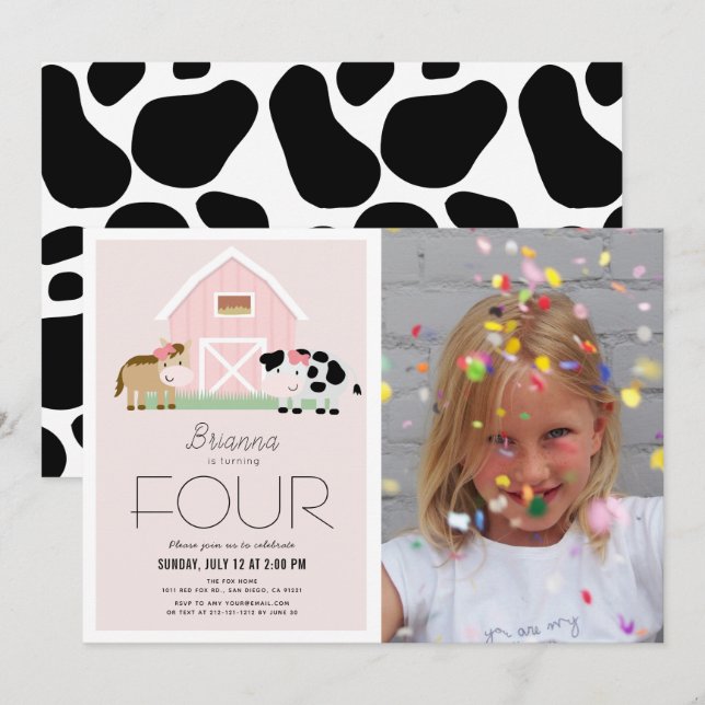 Farm Barnyard Pink Girl Photo Birthday Invitation (Front/Back)
