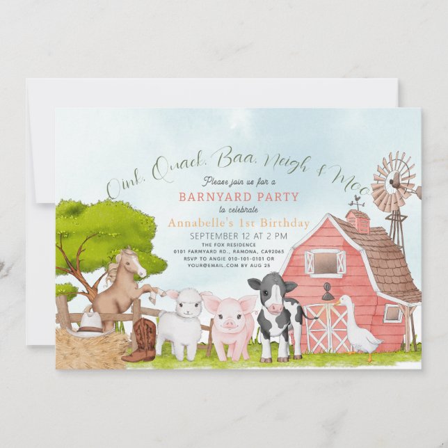Farm Barnyard Rodeo Watercolor 1st Birthday Invitation (Front)