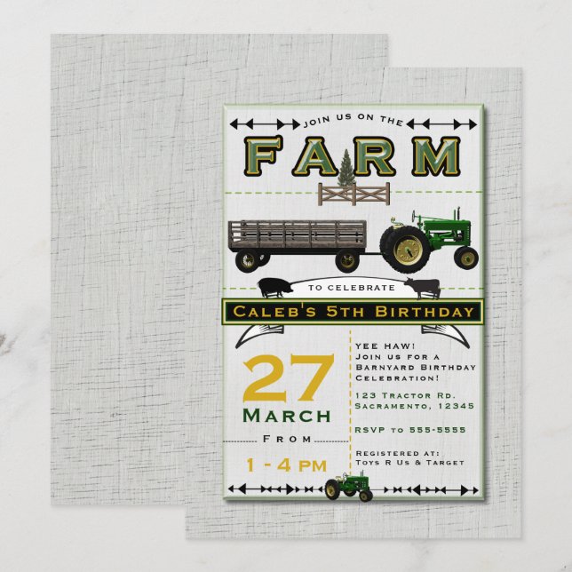 Farm Barnyard Tractor Birthday Party Invitations (Front/Back)