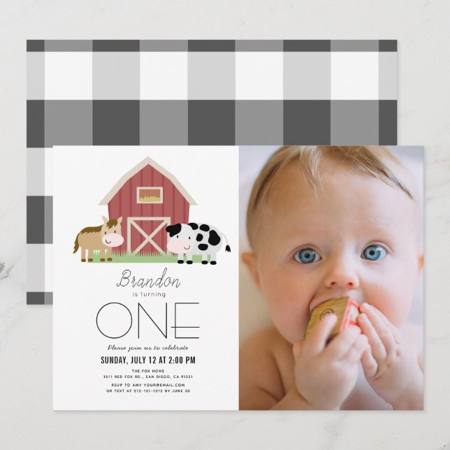 Farm Barnyard White Gender-neutral 1st Birthday In Invitation (Front/Back)