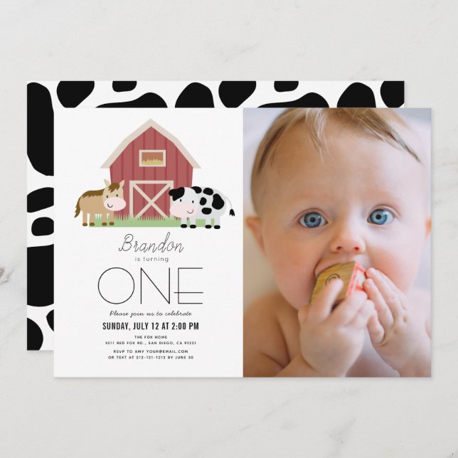 Farm Barnyard White Gender-neutral 1st Birthday Invitation (Front/Back)