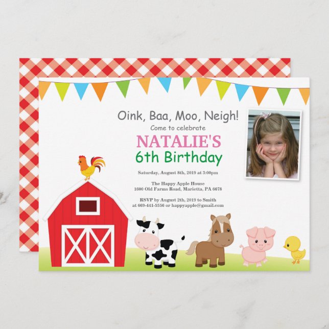 Farm Birthday Invitation Barnyard Party (Front/Back)