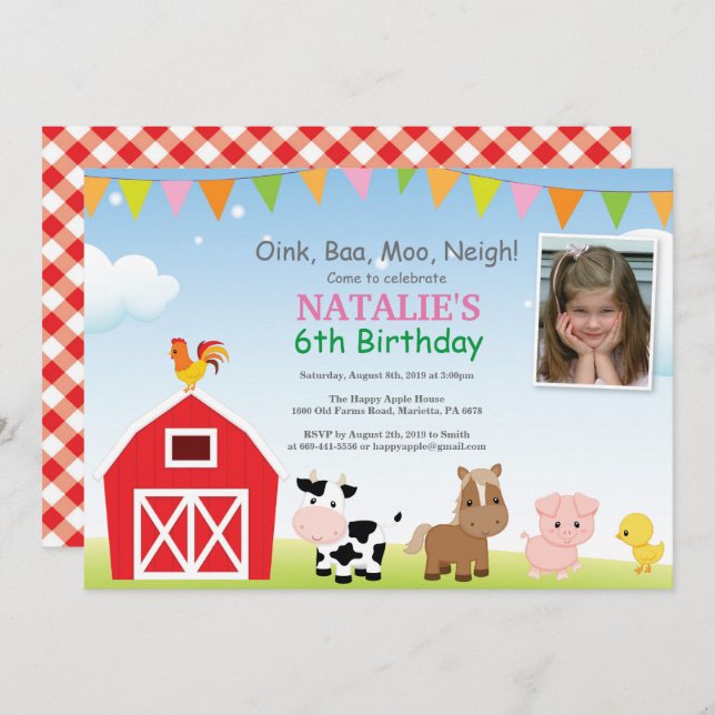 Farm Birthday Invitation Barnyard Party (Front/Back)
