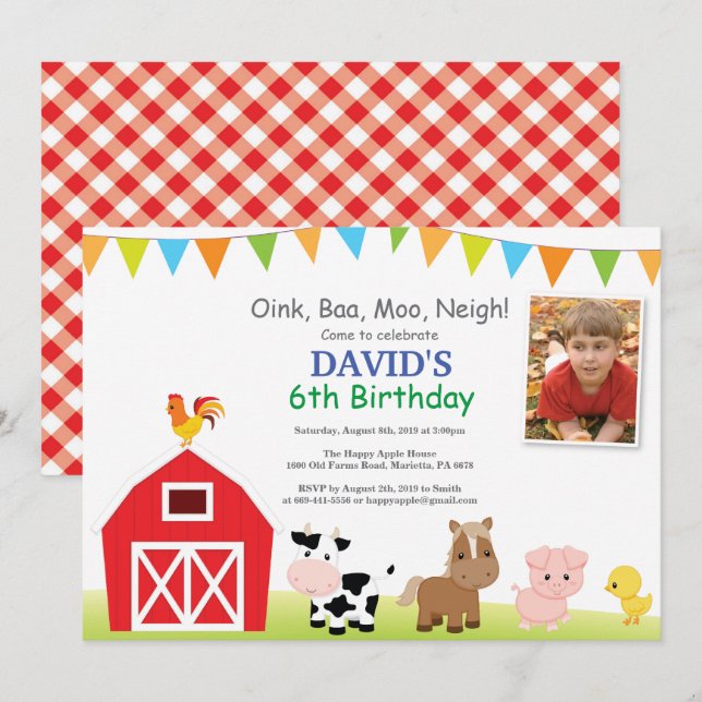Farm Birthday Invitation Barnyard Party (Front/Back)