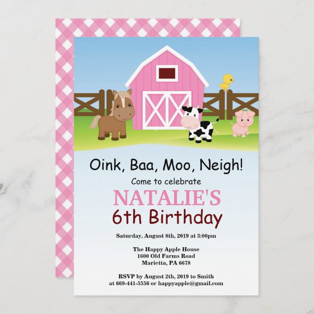 Farm Birthday Invitation Barnyard Party (Front/Back)