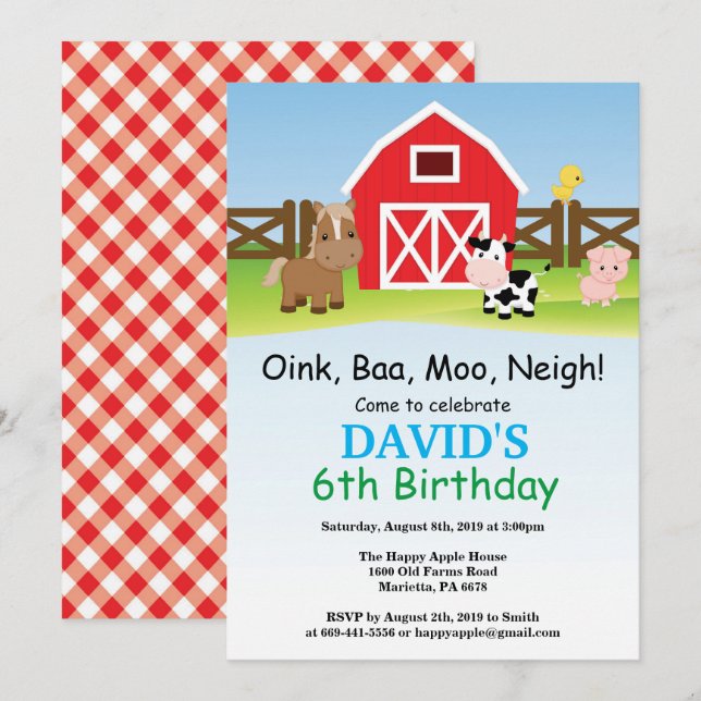 Farm Birthday Invitation Barnyard Party (Front/Back)