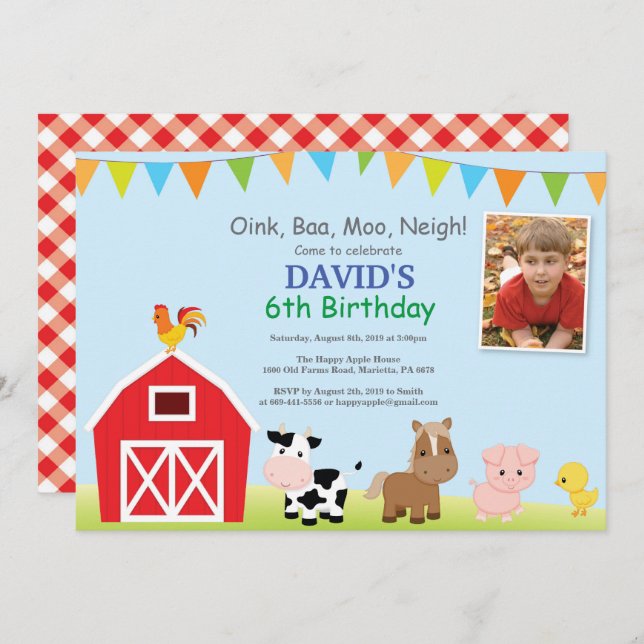 Farm Birthday Invitation Barnyard Party (Front/Back)