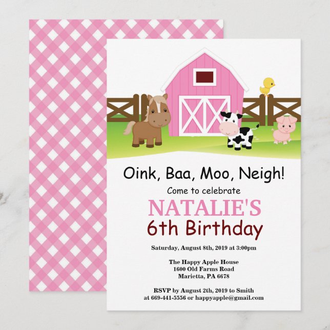 Farm Birthday Invitation Barnyard Party (Front/Back)
