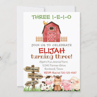 Farm Birthday Invitation, Boy Three I-E-I-O Invitation