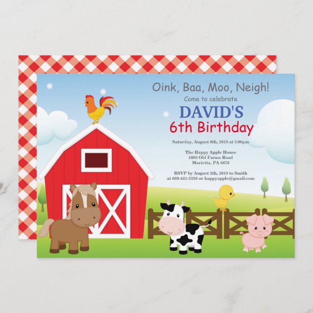 Farm Birthday Invitation Country Barnyard Party (Front/Back)