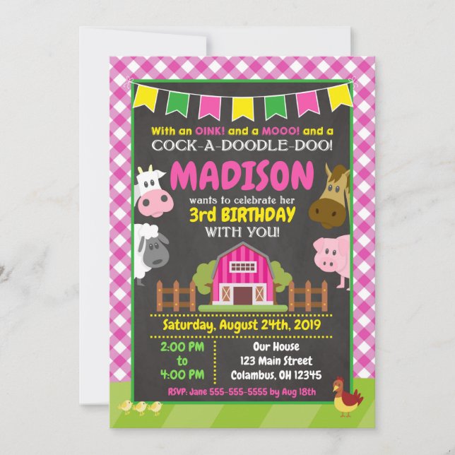 Farm Birthday Invitation / Girl Barnyard Party (Front)