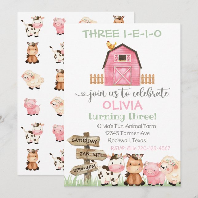 Farm Birthday Invitation, Three I-E-I-O Invitation (Front/Back)