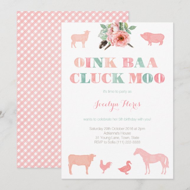 Farm Birthday Party For Girl, Oink Baa Cluck Moo Invitation (Front/Back)
