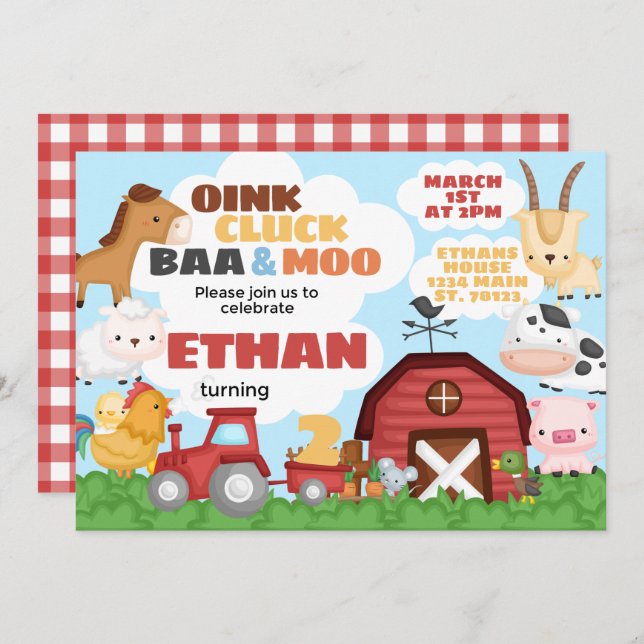 Farm Birthday Party Invitation Invite (Front/Back)