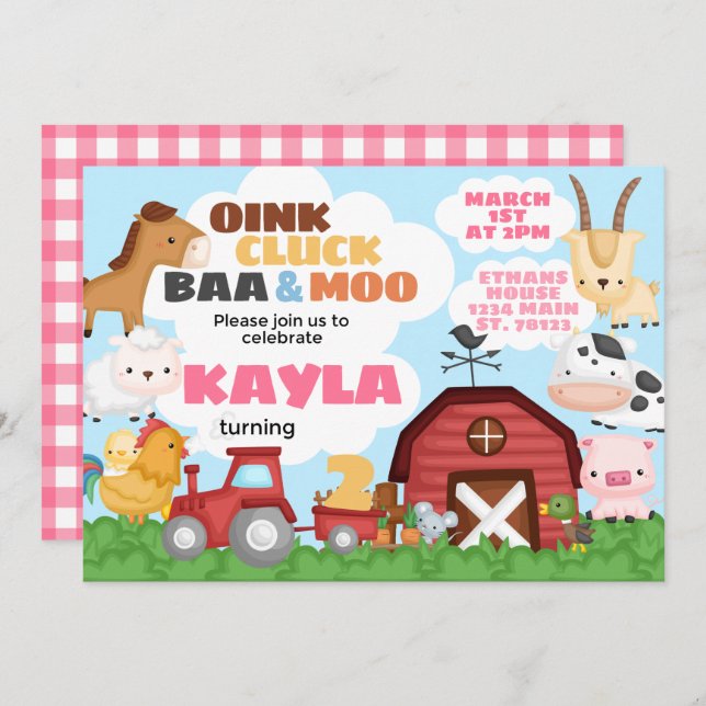 Farm Birthday Party Invitation Pink Girl (Front/Back)