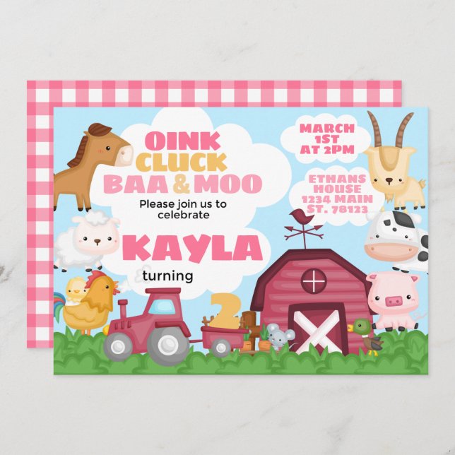 Farm Birthday Party Invitation Pink Girl (Front/Back)