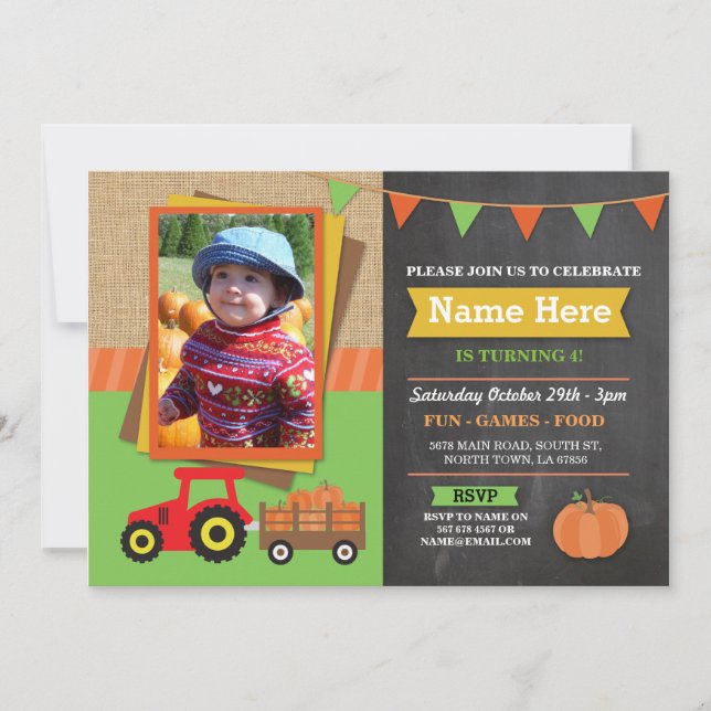 Farm Birthday Party Pumpkin Tractor Photo Invite (Front)