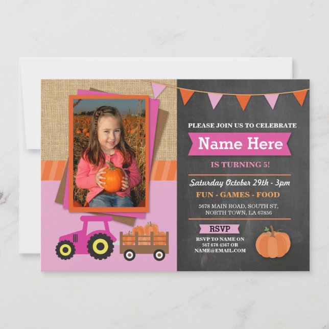 Farm Birthday Party Pumpkin Tractor Photo Invite (Front)
