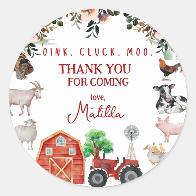 Farm Birthday Party Thank You  Classic Round Sticker (Front)