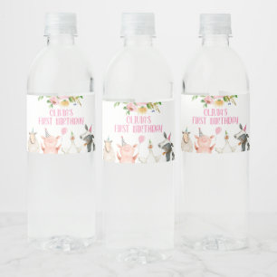 Farm Birthday Pink Barnyard Animals Girl Decor Water Bottle Label