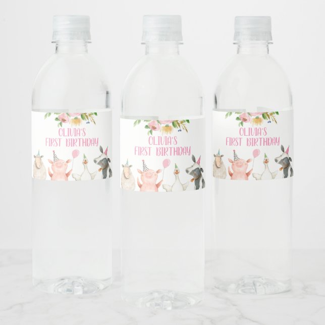 Farm Birthday Pink Barnyard Animals Girl Decor Water Bottle Label (Bottles)