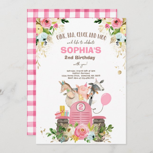 Farm Birthday Pink Old MacDonald Barnyard Party Invitation (Front/Back)